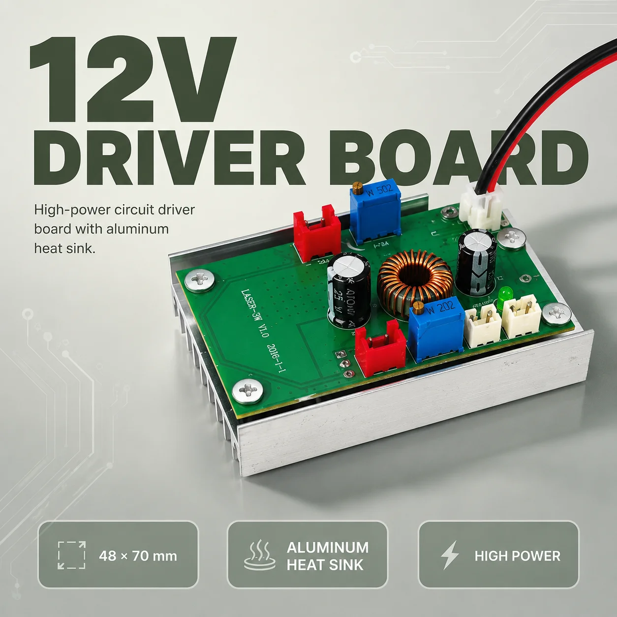 ZhonNa 12V High-Power Driver Board 48x70 mm Aluminum Heat Sink Adjustable Circuit Module for Tools Instruments Accessories Parts