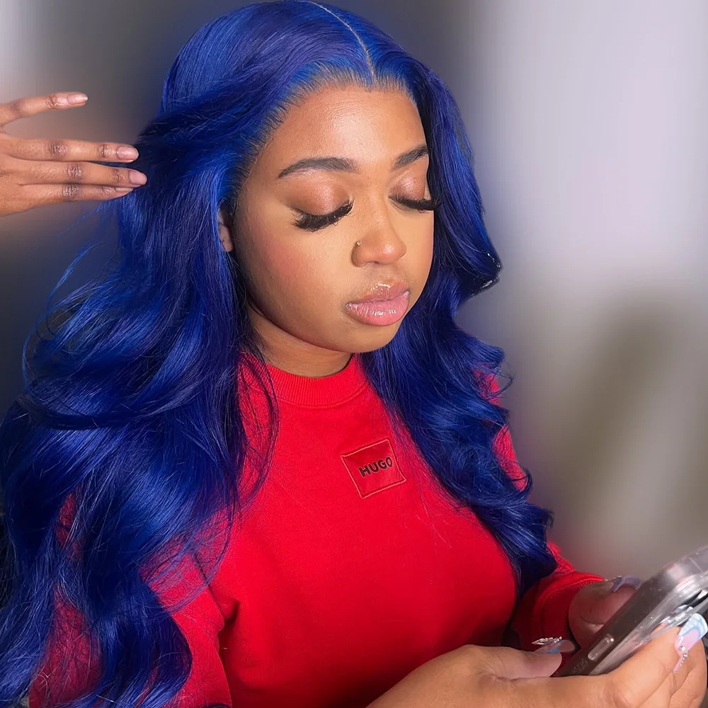 

Dark Blue Colored Human Hair Wigs Body Wave Glueless Wig 200% Density Midnight Blue 5x5 Lace Closure Wig Pre Plucked For Women