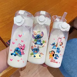 Lilo ve dikiş saman şişeleri Disney 600 \ 400ML içme ofis şeffaf taşınabilir Anti damla çocuk su şişesi PC malzeme