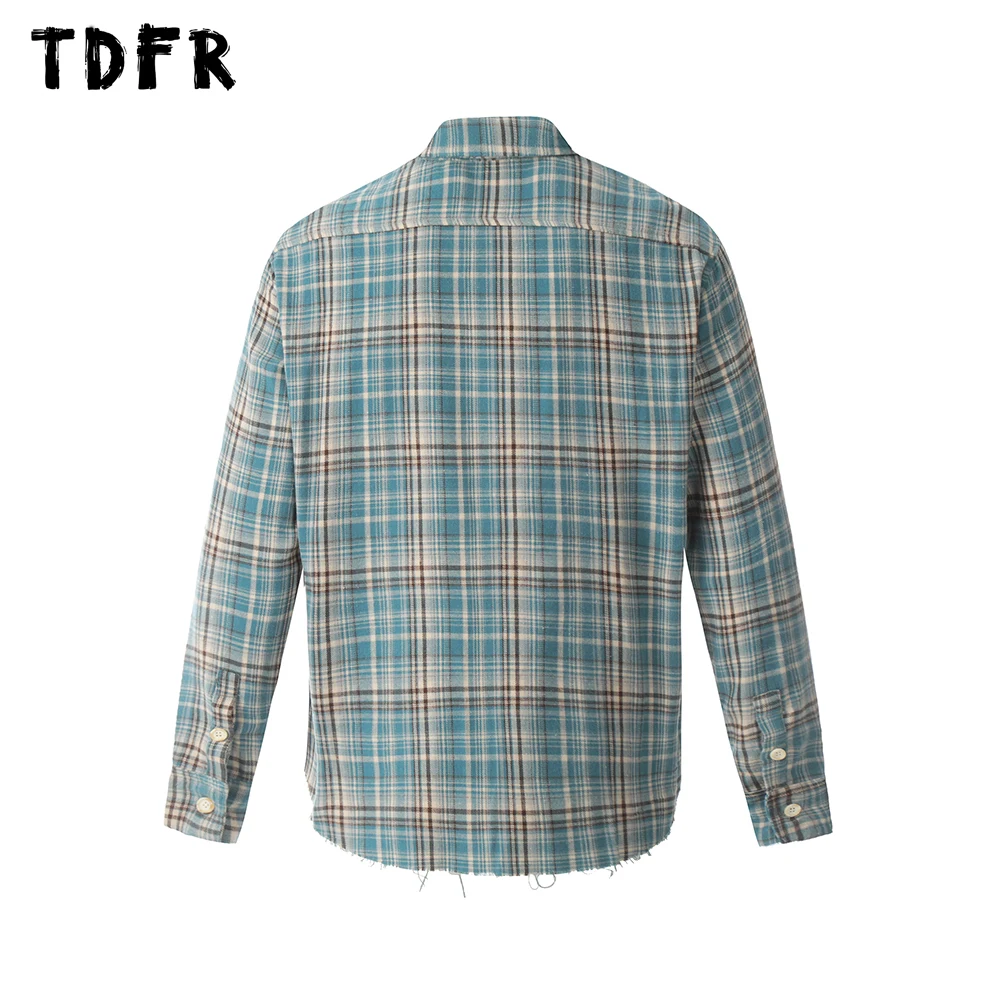 Pocket Plaid Long Sleeve Shirts Mens Single Breasted Autumn Retro Streetwear Lapel Curved Hem Loose Shirts Men