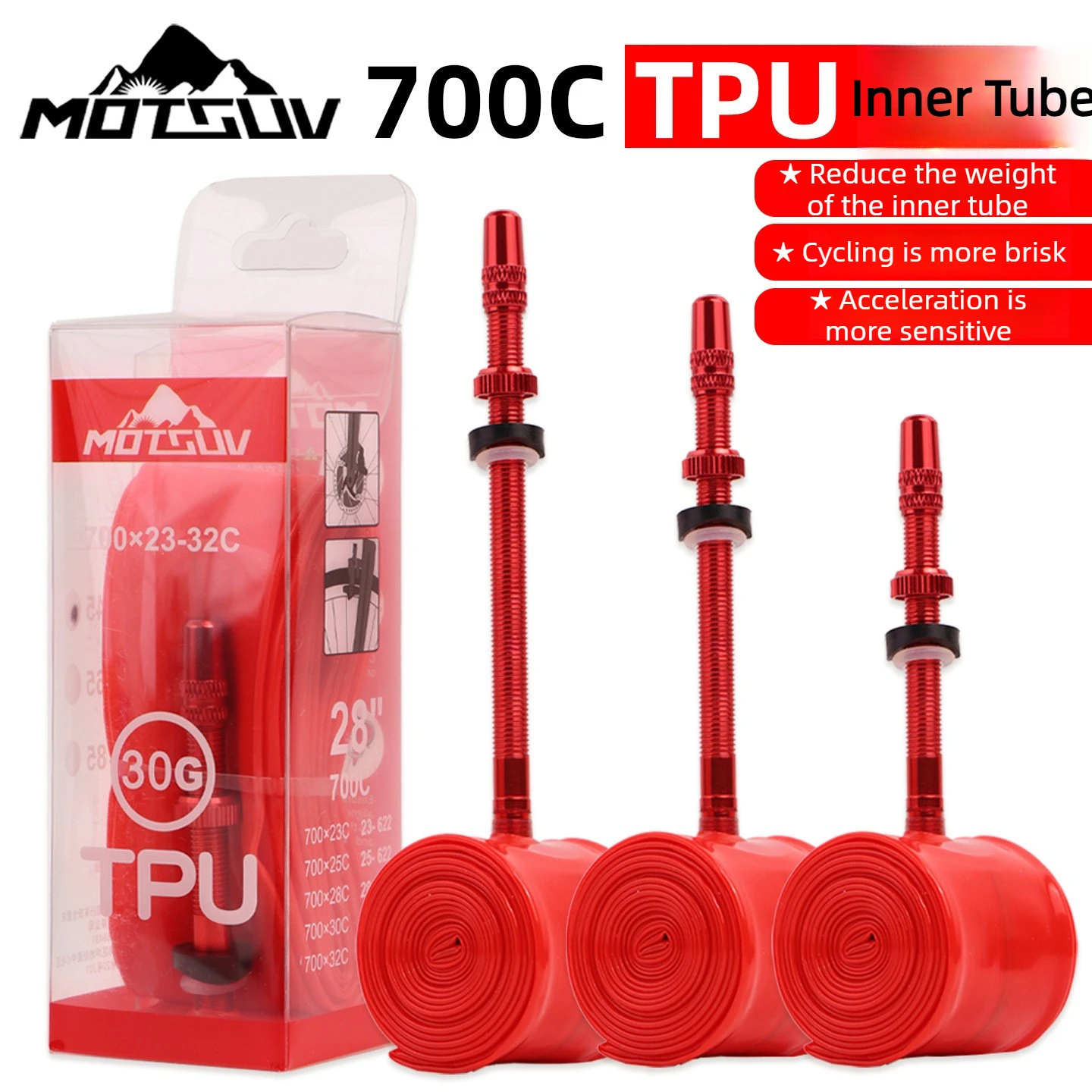 

MOTSUV Сверхлегкая внутренняя трубка клапана Presta из ТПУ 700x23-32C, 30 г, красный стержень клапана из алюминиевого сплава, 45/65/85 мм для шоссейного велосипеда