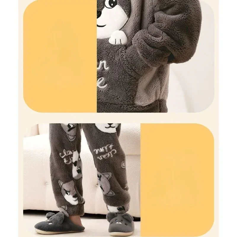 Autumn Winter Homewear Coral Fleece Men Pajamas Thick Fur Flannel Cartoon Male Loungewear Sets Plus-size Loungewear Suit Pyjamas