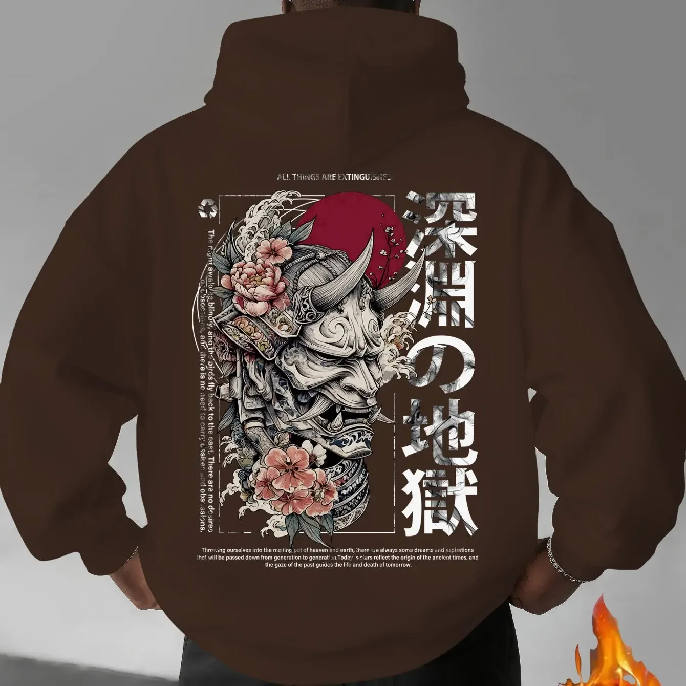 Men Black Oversized Hoodie Japanese Hannya Mask Peony Wave Kanji Back Print Long Sleeve Street Pullover Sweatshirt