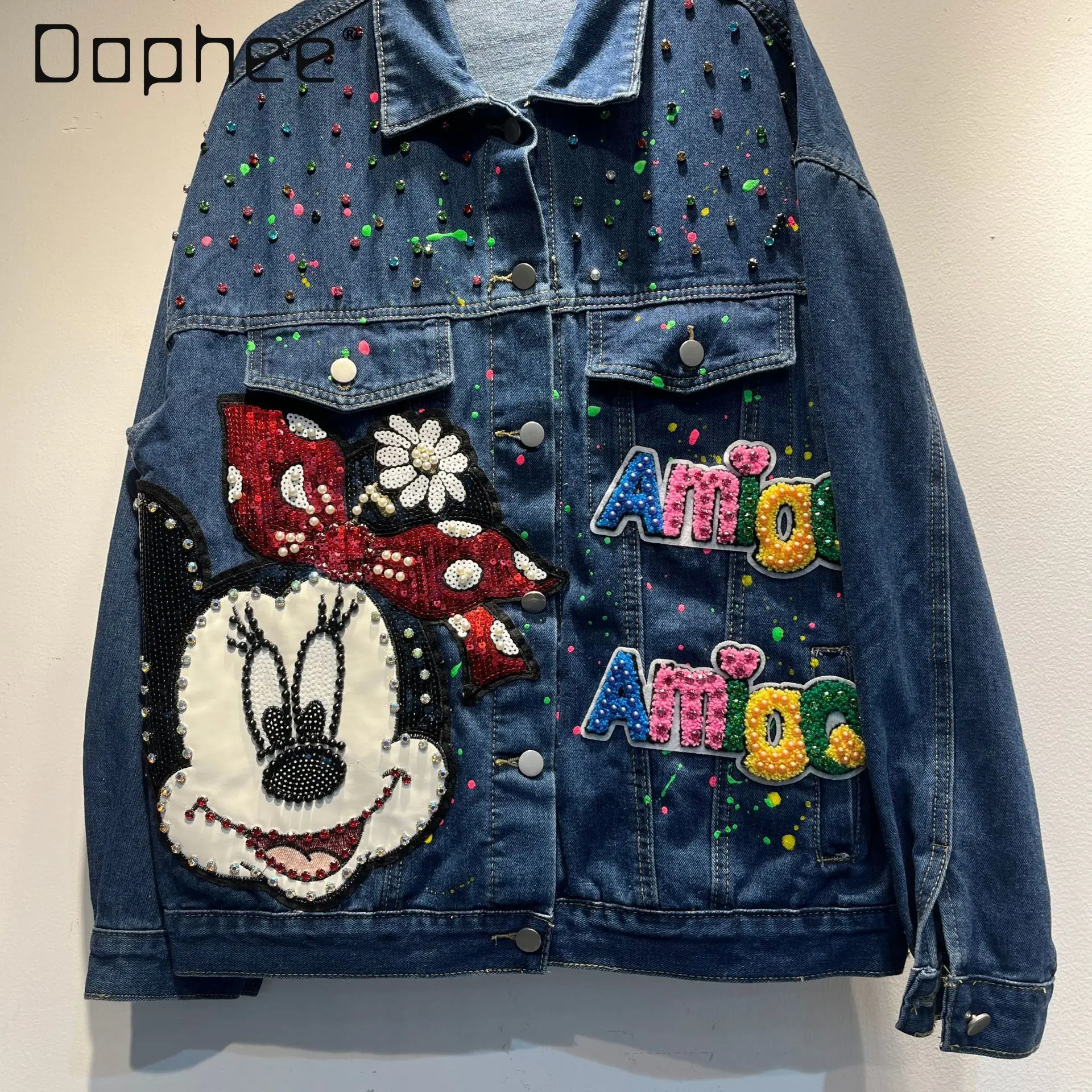 

Женская куртка с тяжелым бисером, красочные чернила, украшение в виде букв, осень 2023, новая верхняя куртка с героями мультфильмов, уличная модница