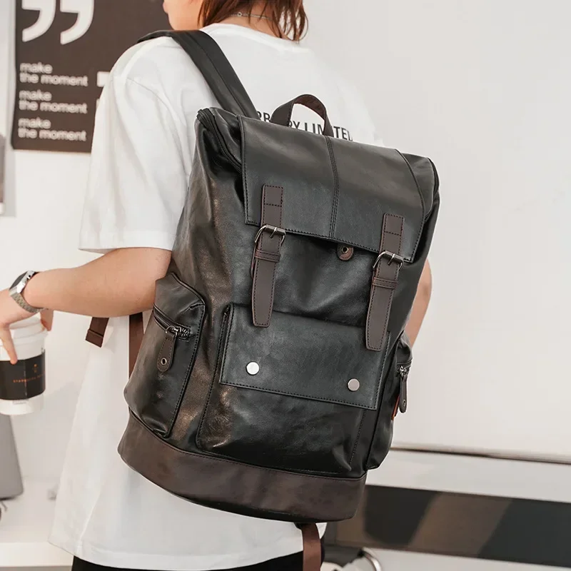 Luxury Fashion Men Backpacks High Capacity Flap Antitheft Travel Backpack Mens Laptop Bags PU Lether Backpack Male School Bags