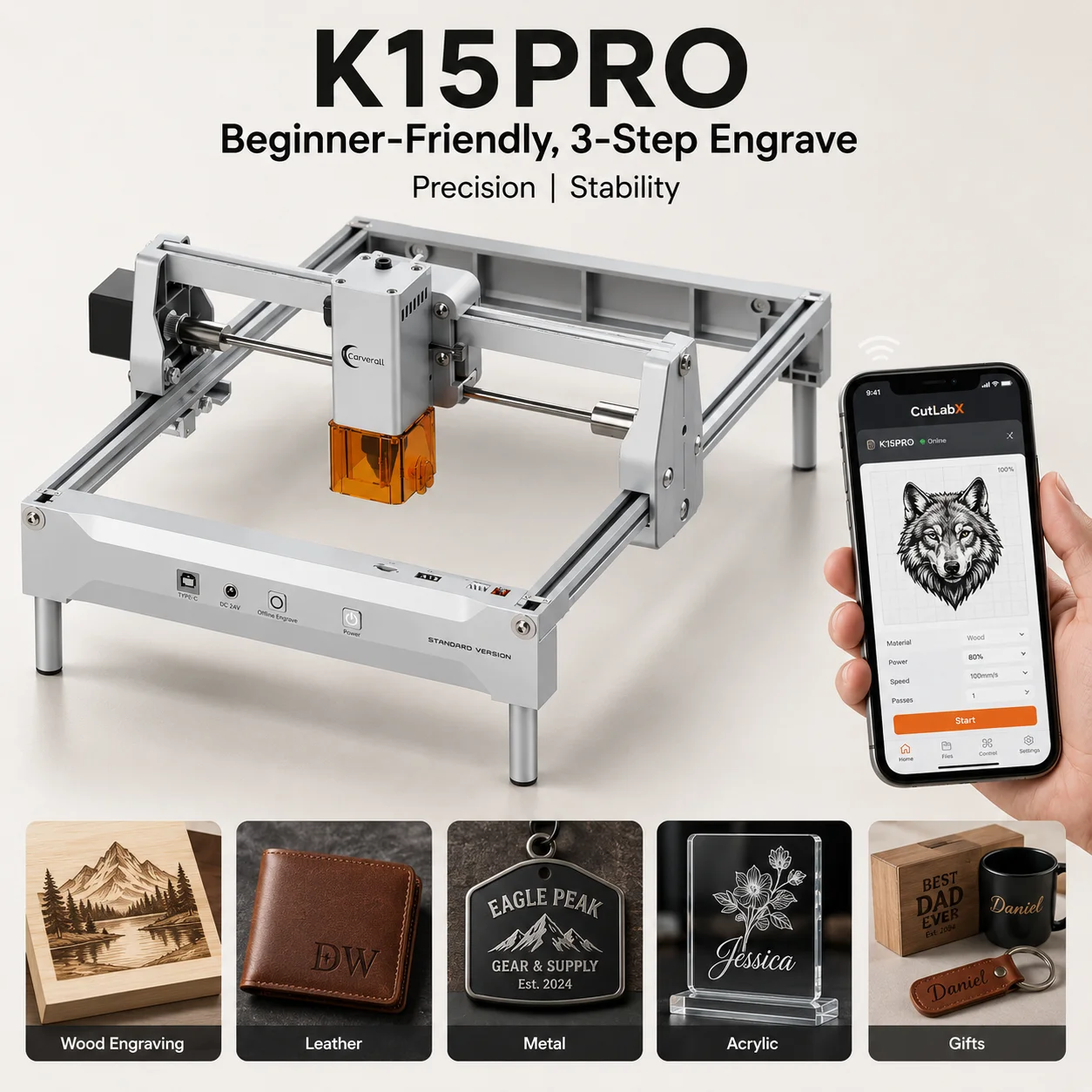 Carverall K15PRO Lasergravurmaschine 7W 12W oder IR 1W 1064nm, A4 200x300mm, 15000mm/min, 0,01mm Präzision, WLAN App, LightBurn CutLabX, Holz Acryl Metall, für Anfänger DIY, Geschenke, Kleinbetrieb