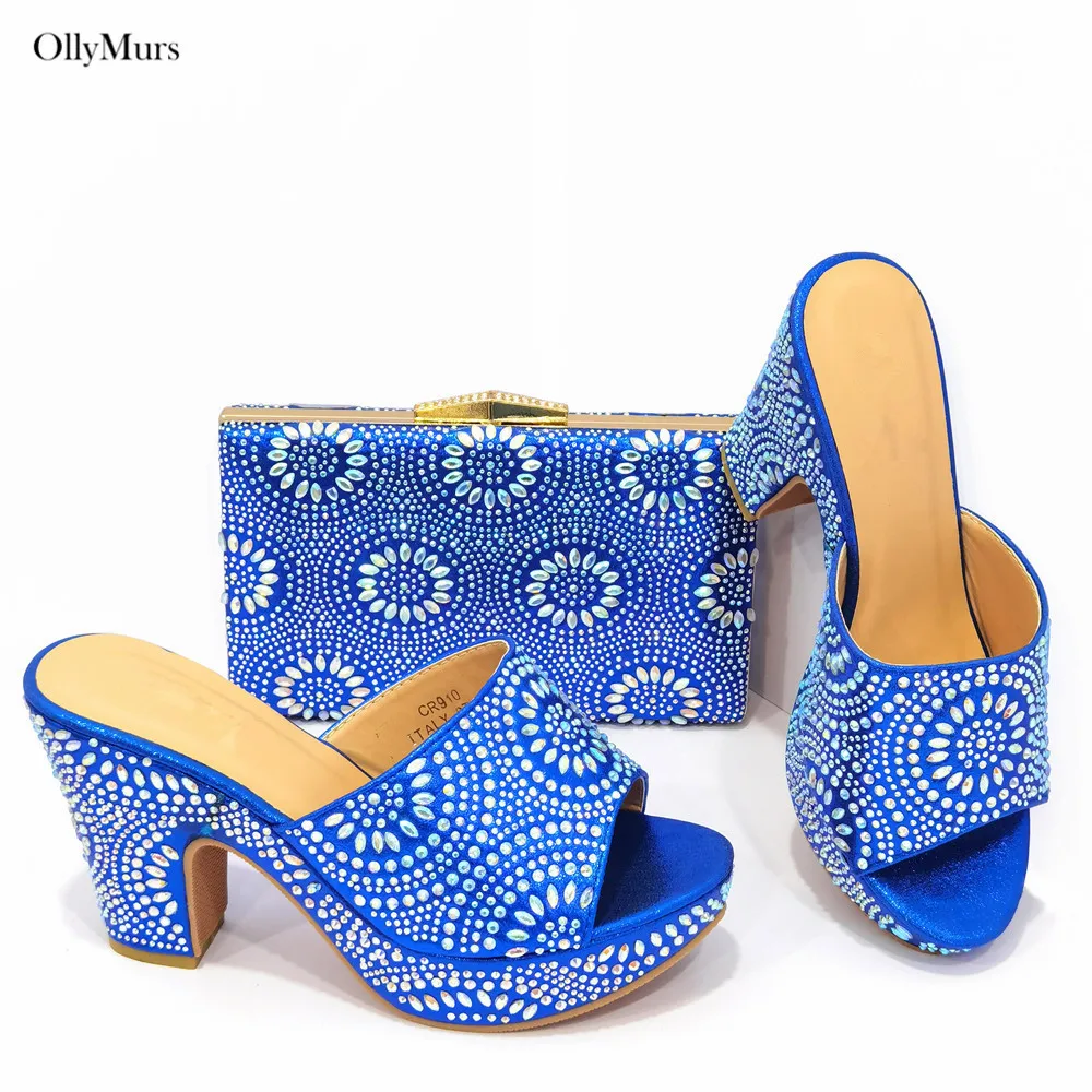 

Italian Design Woman Shoes And Bag Set For Evening Party Summer Style Rhinestone Middle Heels Shoes And Bag St Party Dress