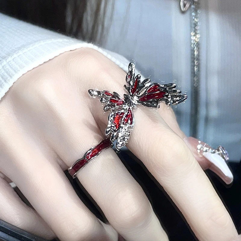 Punk Gothic Red Butterfly Ring Vintage Light Luxury Opening Adjustable Finger French Style Personalised Party Jewelry Gift