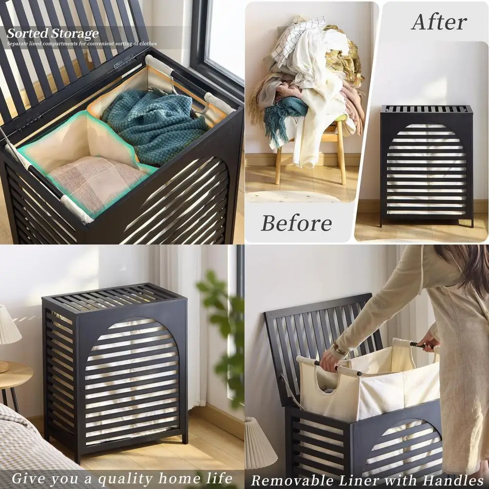 

Bamboo Lidded Laundry Hamper with Removable 2-Section Liner, Large Storage for Home Essentials