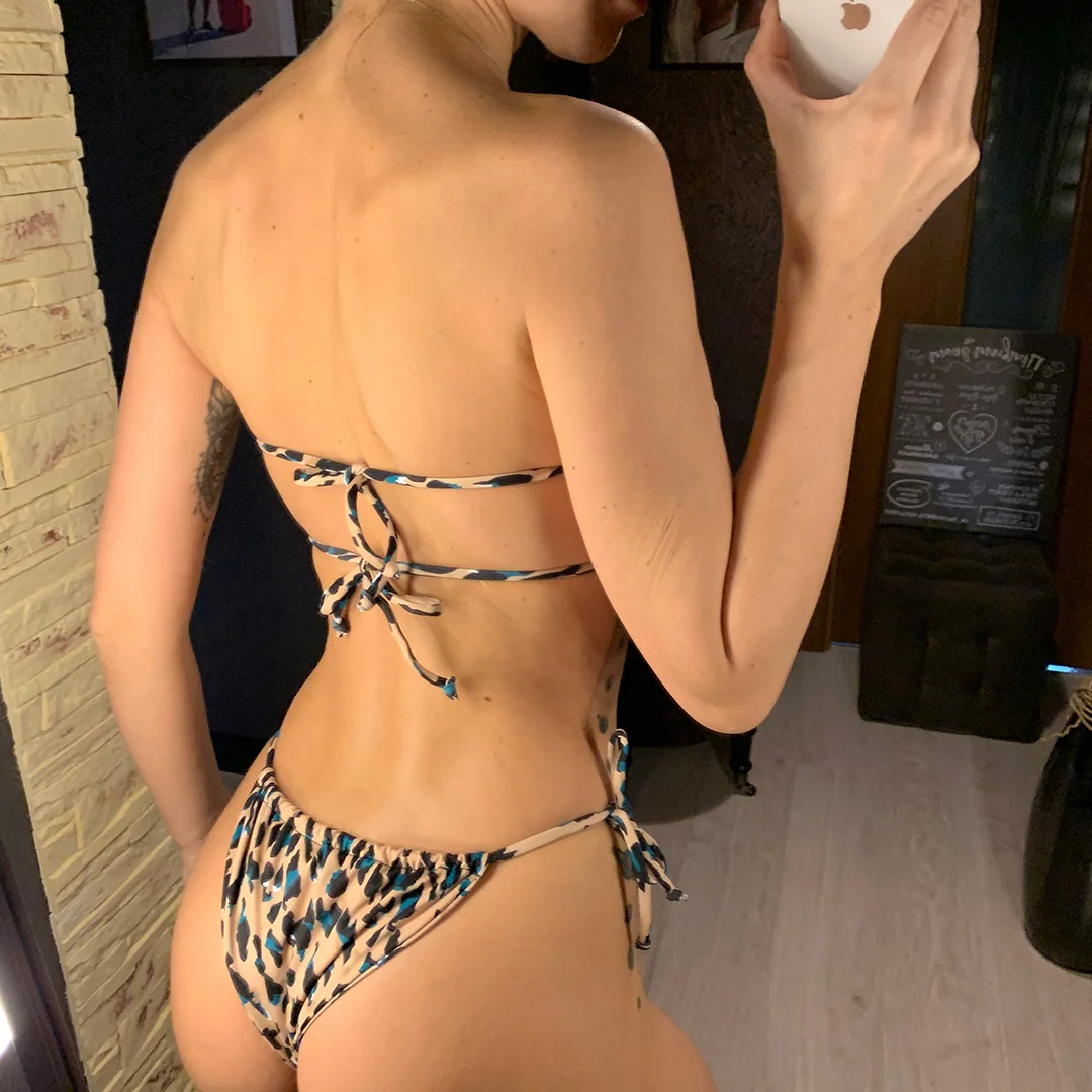 Sexy Leopard-Bandeau-Bikini, brasilianischer Badeanzug, Damen-Badebekleidung, zweiteiliges Bikini-Set, plissierter Badeanzug, V1242L – Detail 17