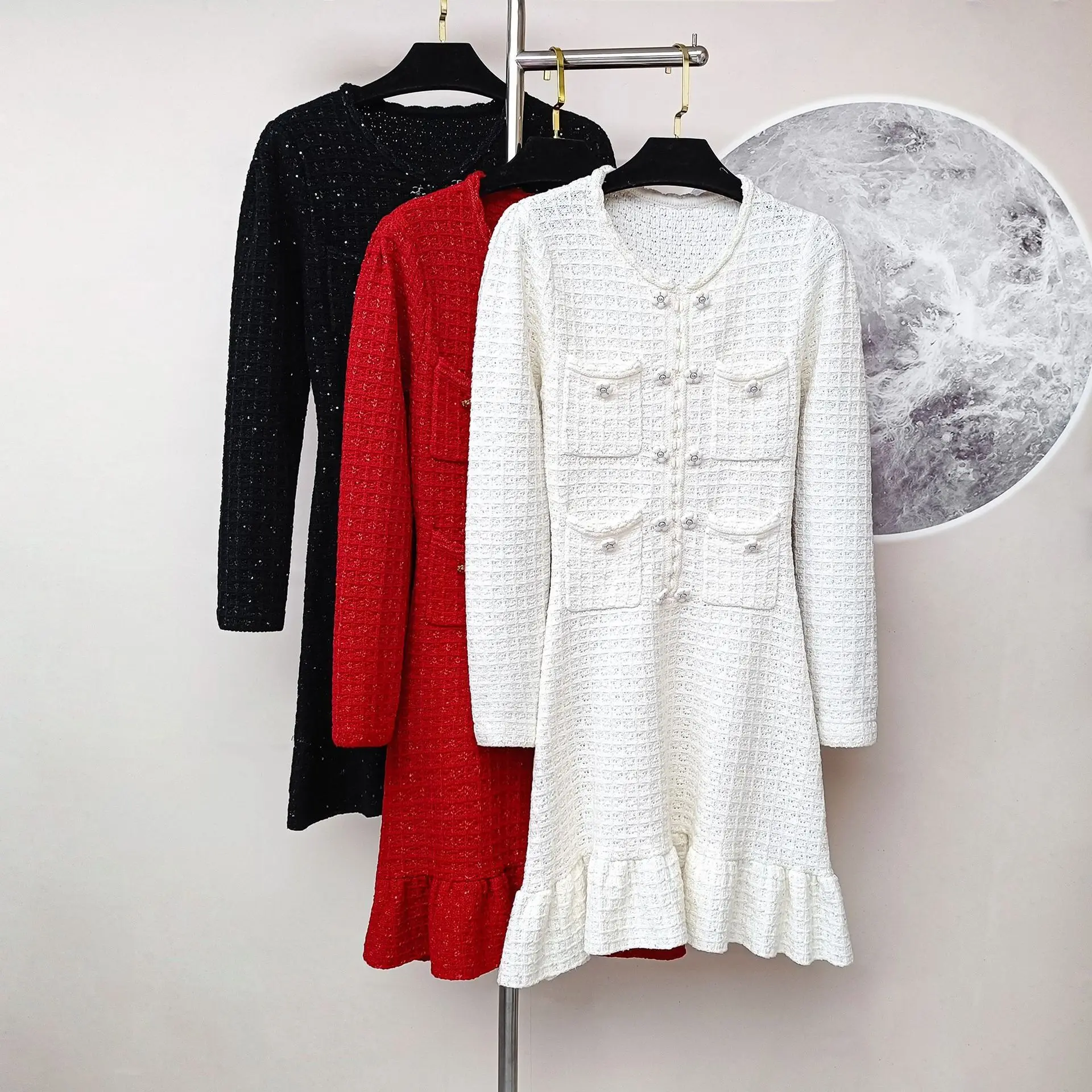 

Quality Autumn Winter Knitting Sweater Diamonds Prom Dress Women Long Sleeve Mini Short Evening Dresses Lady