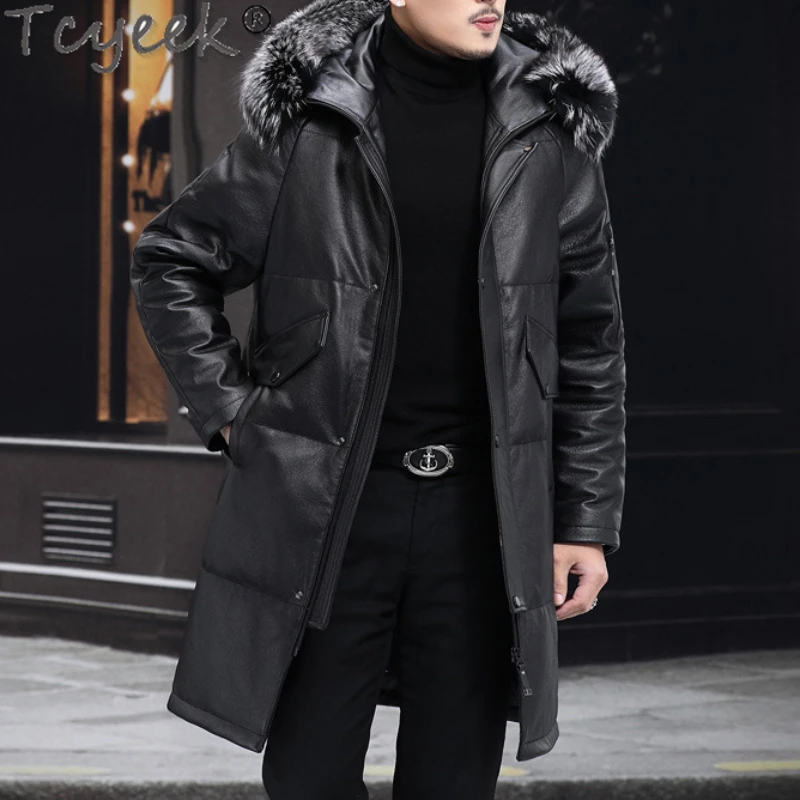 

Tcyeek Men's Puffer Jacket Cowhide Long Leather Jacket Men Fox Fur Collar Hooded Black Thicken Warm Winter Coat Jaqueta Inverno