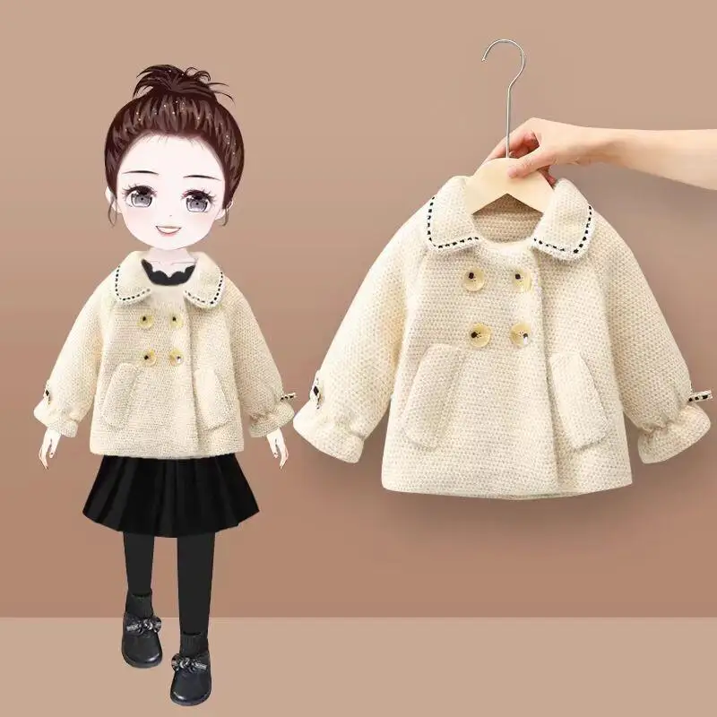 

Осенне-зимнее шерстяное пальто Kawaii для маленьких девочек, кардиган, теплая утепленная куртка на флисовой подкладке, короткая модная верхняя одежда, детская одежда