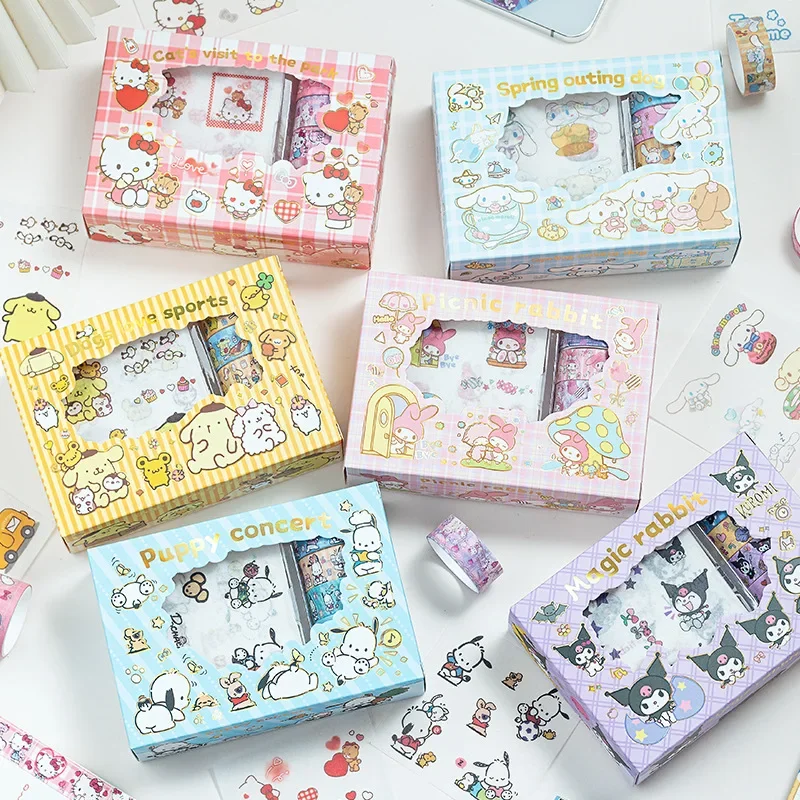 Hello Kitty Cinnamoroll Kuromi Melody Pompompurin Sanrio Sticker Roll Gift Box Cute Hand account Tape Stickers Decal Kids Toys