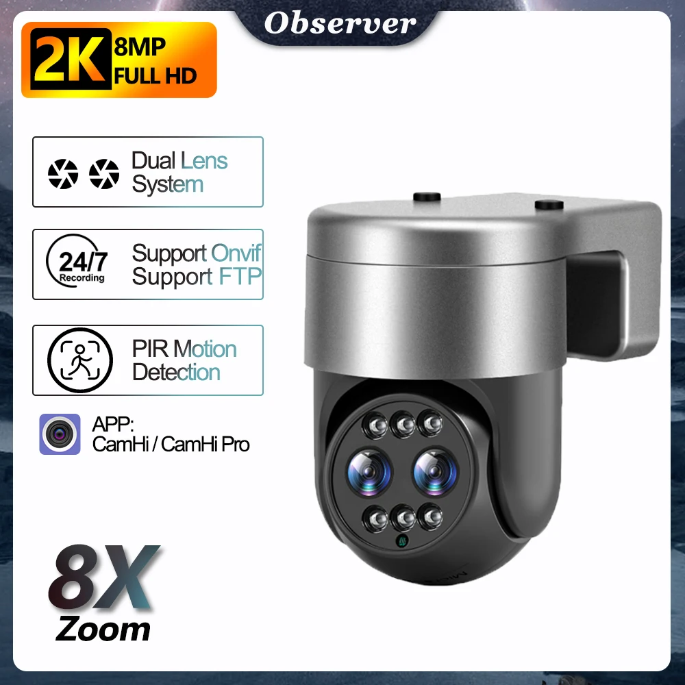 

8MP Binocular Security Camera Outdoor WiFi PTZ Dual Lens 4MP HD Surveillance CCTV IP Cam Auto Tracking Work with NVR FTP CamHi