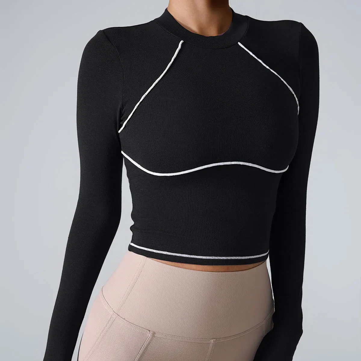 

Спортивная футболка, бег, костюм для фитнеса, индивидуальная цветная блокировка, телесный цвет, костюм для йоги с длинными рукавами для женщин