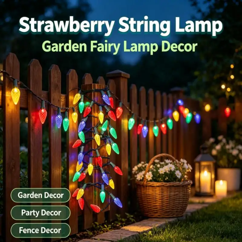 Solar Strawberry Fairy String Lights Outdoor Waterproof 8 Modes, Multicolor Fruit Garland for Garden Fence Courtyard Party