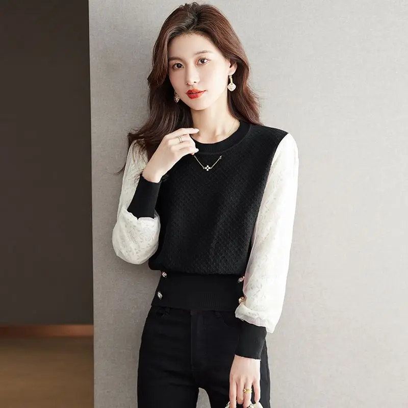 Knitted Shirt Short Springautumn Thin Long Sleeved Solid Color Korean Version Versatile Maillard Knitted Base Shirt Top