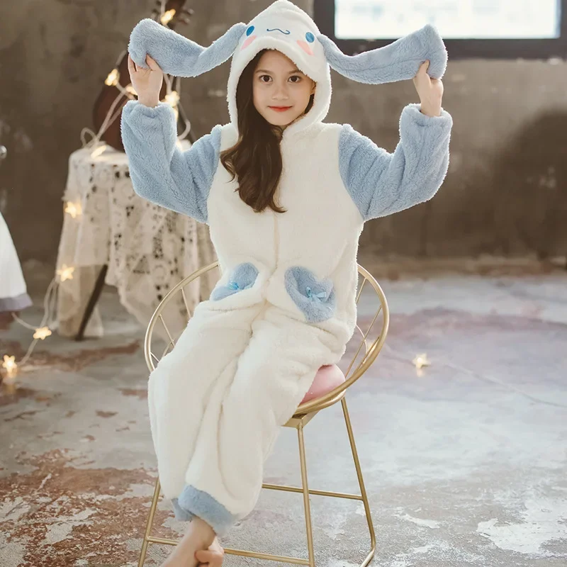 Sanrio Cinnamoroll Autumn Winter One-piece Pajamas Flannel One-piece Girls Thickened Baby Plus Velvet Pajamas Children\'s Gifts