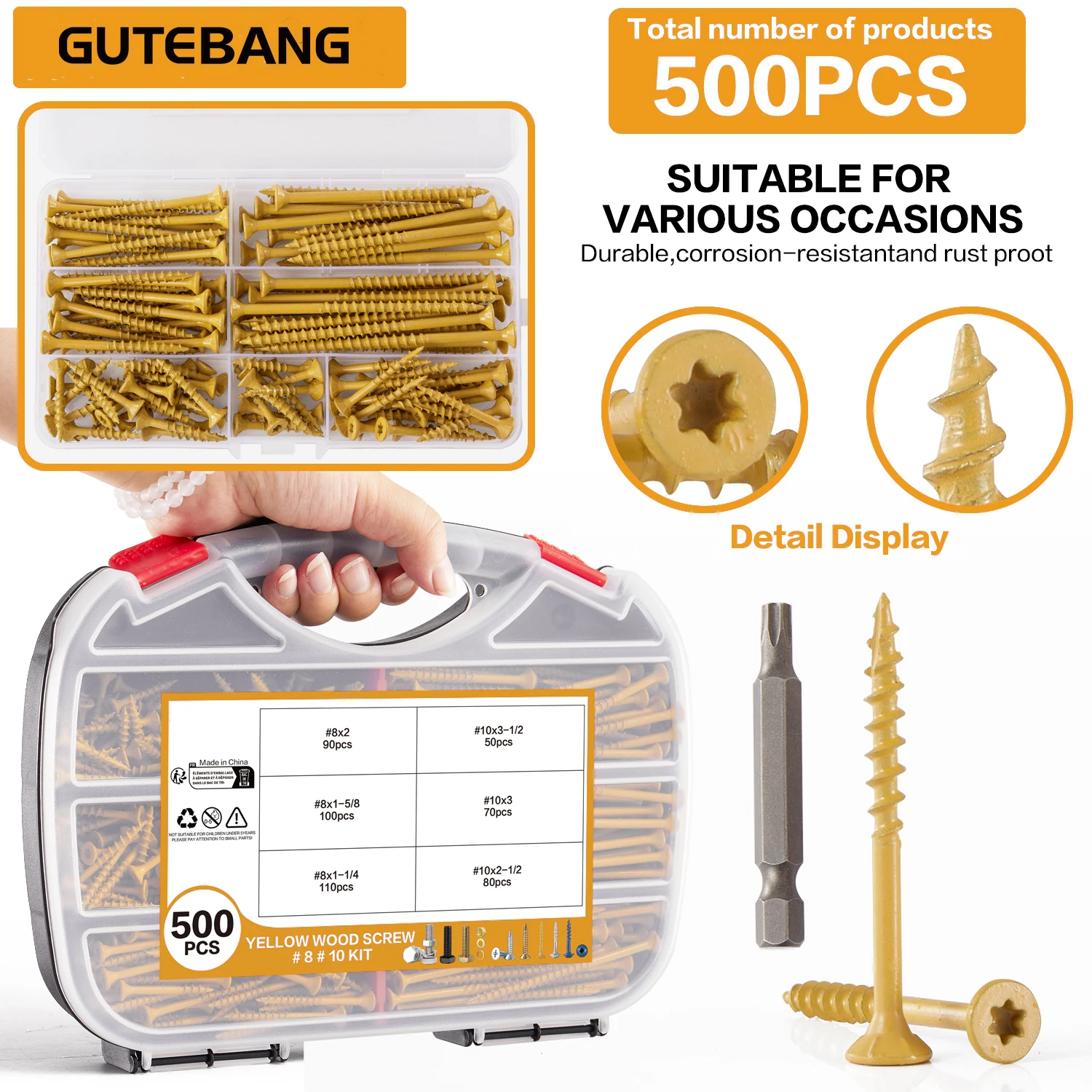 500-piece #8 and #10 yellow plum wood screw set, with rust-resistant epoxy coating and T25 star-shaped drill bits