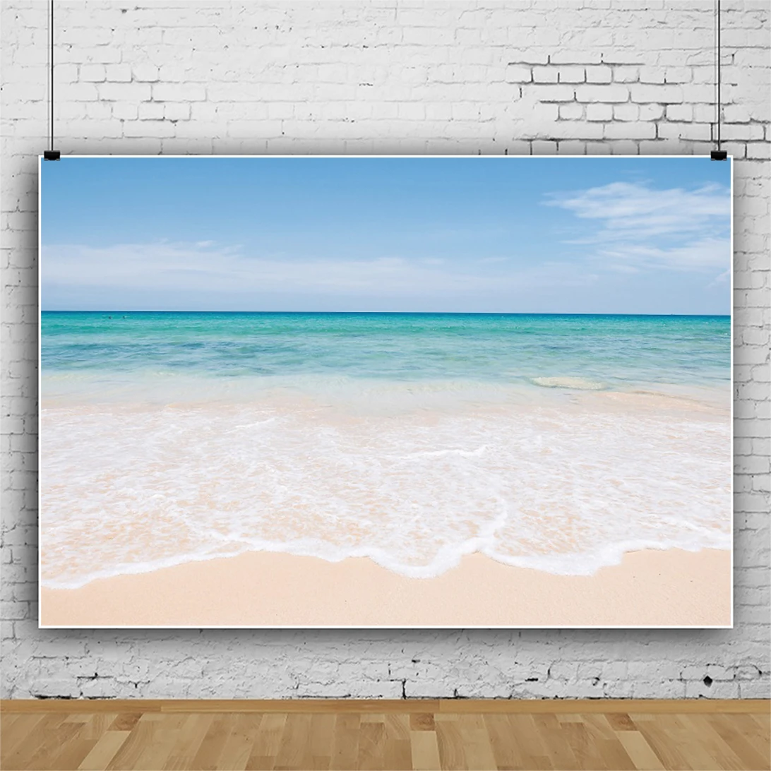 Laeacco Summer Beach Photography Background Seaside Sand Blue Water View Sky Coulds Wedding Holiday Vacation Portrait Backdrop