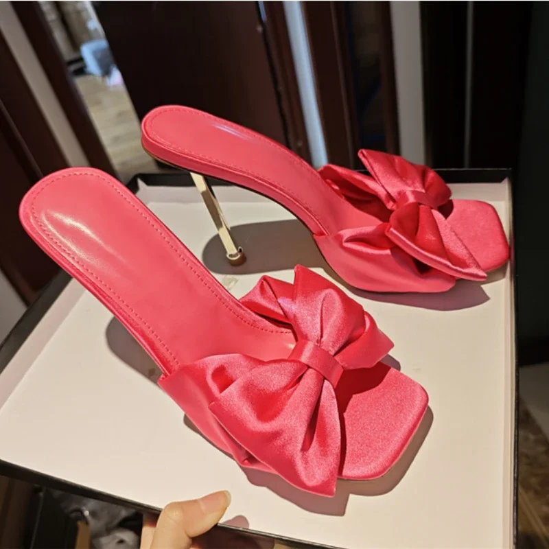 2024 Rose Satin Big Bow Slippers Square Head 11cm Metal Thin Heel Birthday Party Sandals Open Toe Beach Holiday Slippers 35-43