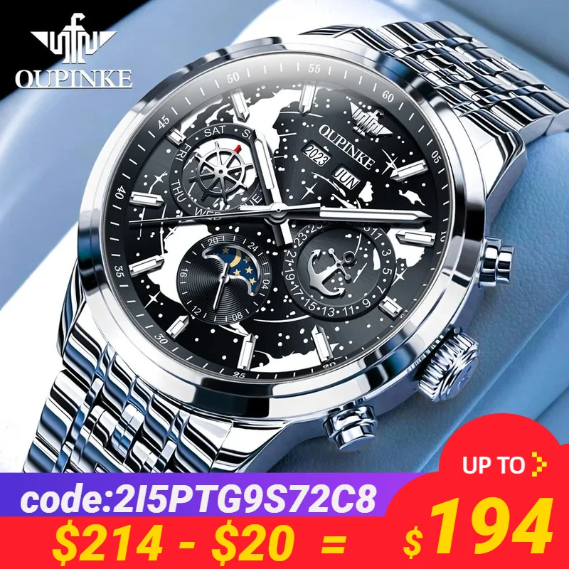 

OUPINKE Luxury Watch for Men Automatic Mechanical Watches Moon Phase Sapphire Mirror Waterproof Men's Wristwatch 2023 Top Brand