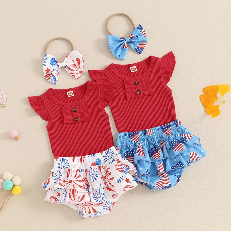 

2024-04-03 Lioraitiin Baby Girls 4th of July Sets Flying Sleeve Romper Stars Stripe/Firework Balloon Print Shorts Headband Sets