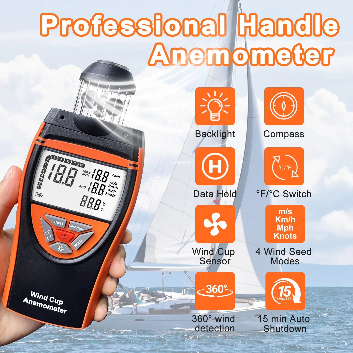 

New Cup Anemometer Measuring Real-Time, Max, Average Wind Speed Meter for Shooting, Sailing, And Outdoor Adventures