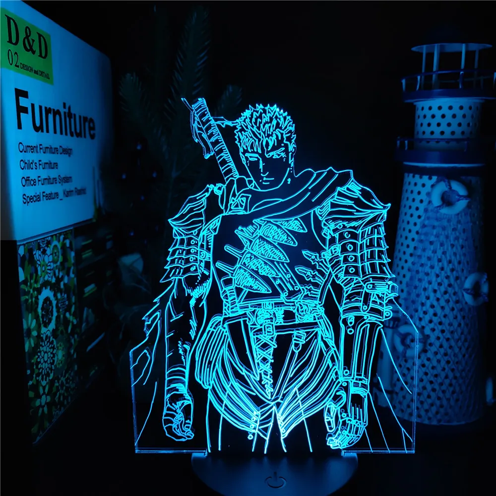 Berserk Guts 3D Acrylic Led Lamp Anime Illusion Night Light Colorful USB Table Lamp For Kids Bedroom Decor Lamparas Manga Gifts