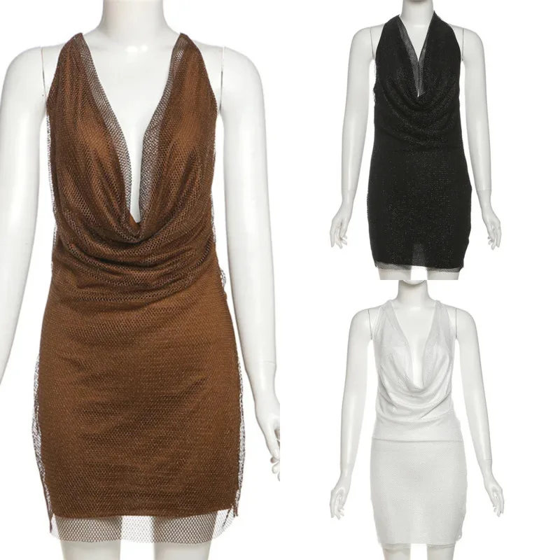 

2025 Chic Sexy Mini Dress For Women Sparkly Mesh Backless Sleeveless Swing Collar High Elastic Bodycon Club Night Party Wear New