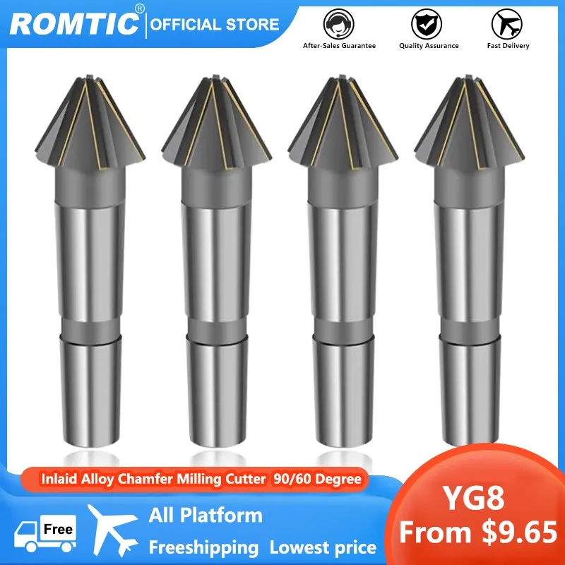 ROMTIC YG8 Inlaid Alloy Chamfer Cutter 90/60 Degree Welding Edge Spot Facer Taper Shank Tungsten Steel Chamfering End Mill Tools