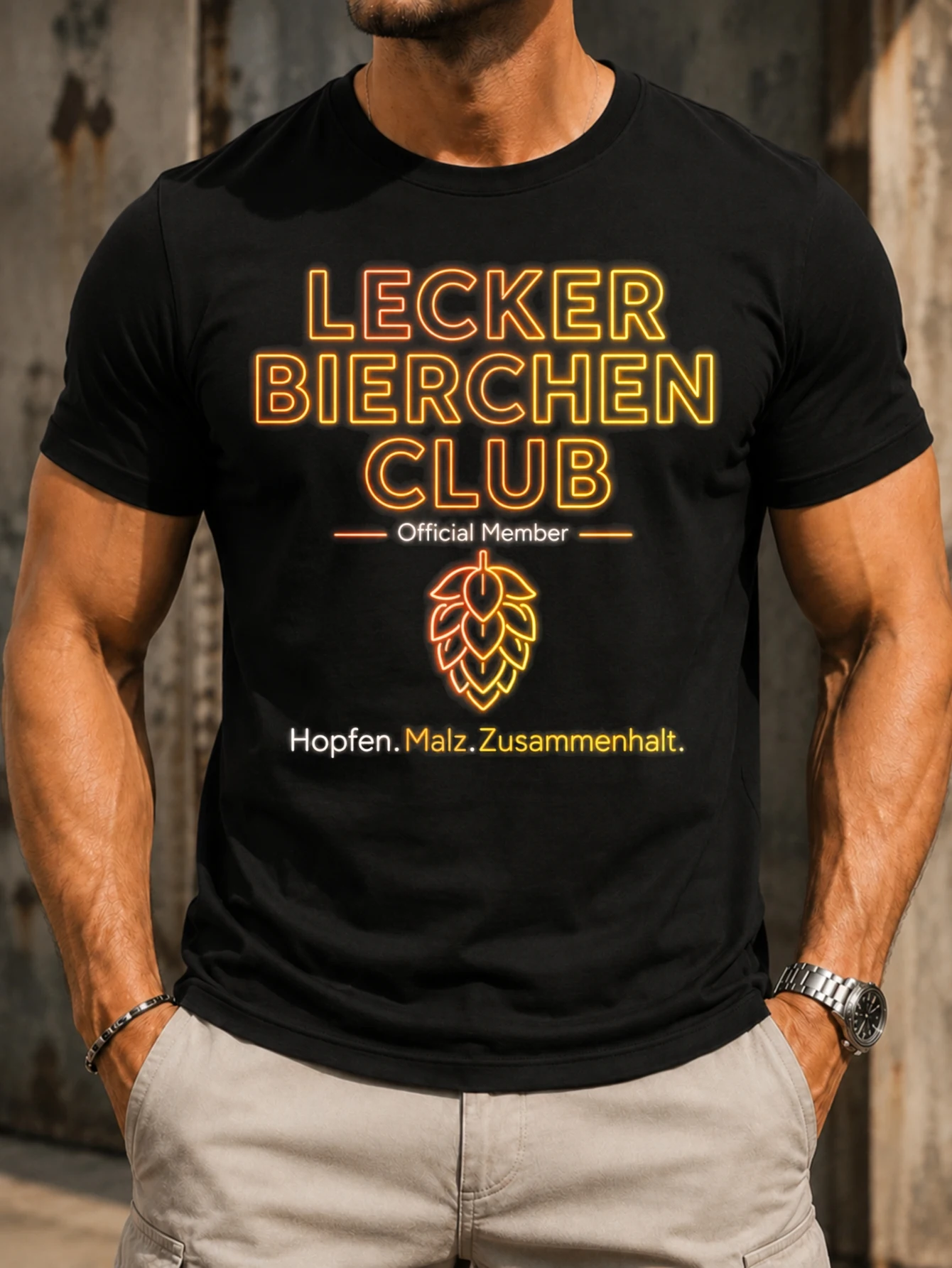 Lecker Bierchen Club Official Member  neon hop icon with orange glow text Hopfen Malz Zusammenhalt  Unisex All T-Shirt