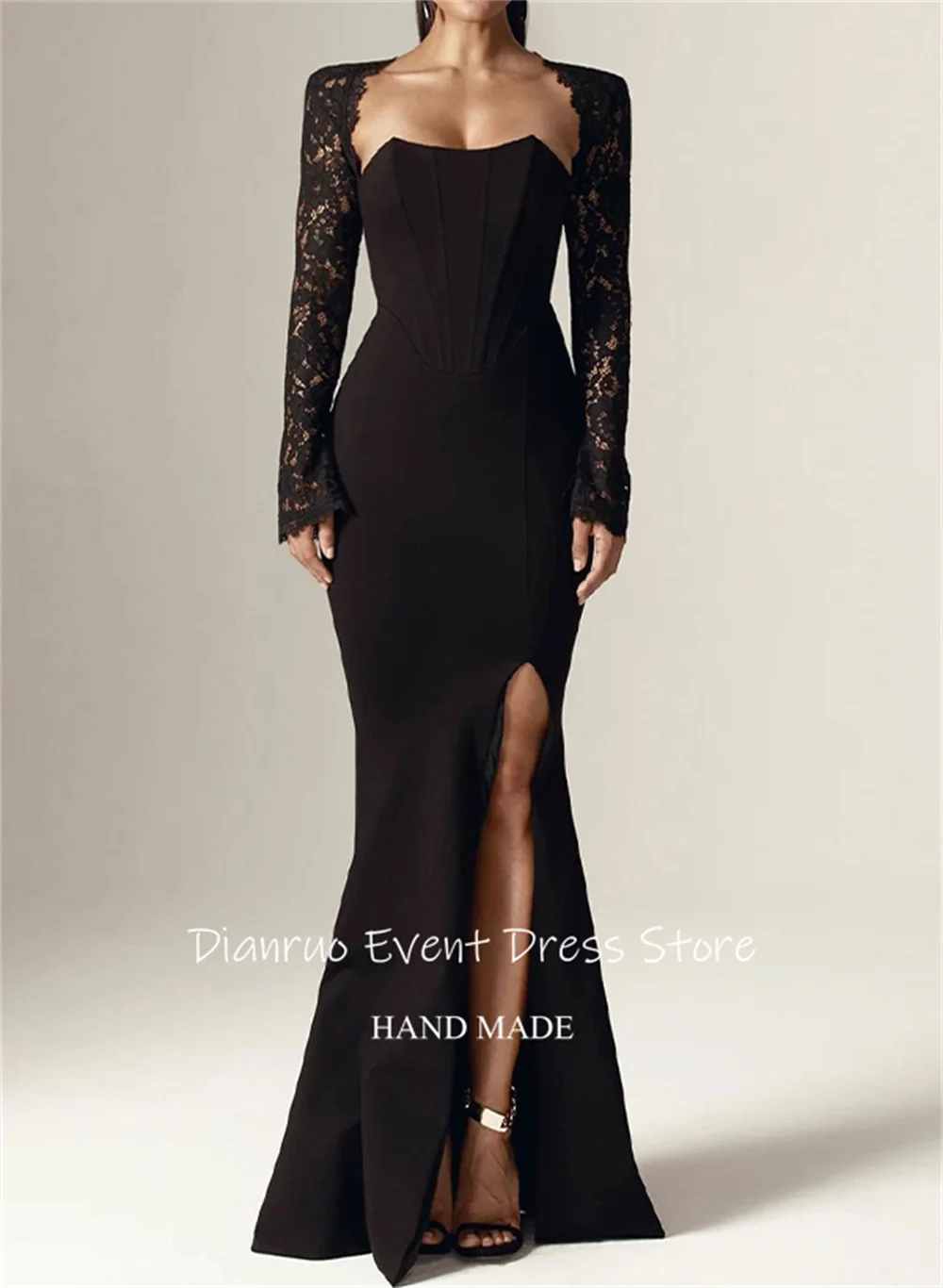 Dianruo Черные вечерние платья русалки Прозрачные кружевные аппликации с рукавами Бальные платья Скромные платья знаменитостей с высоким разрезом по индивидуальному заказу