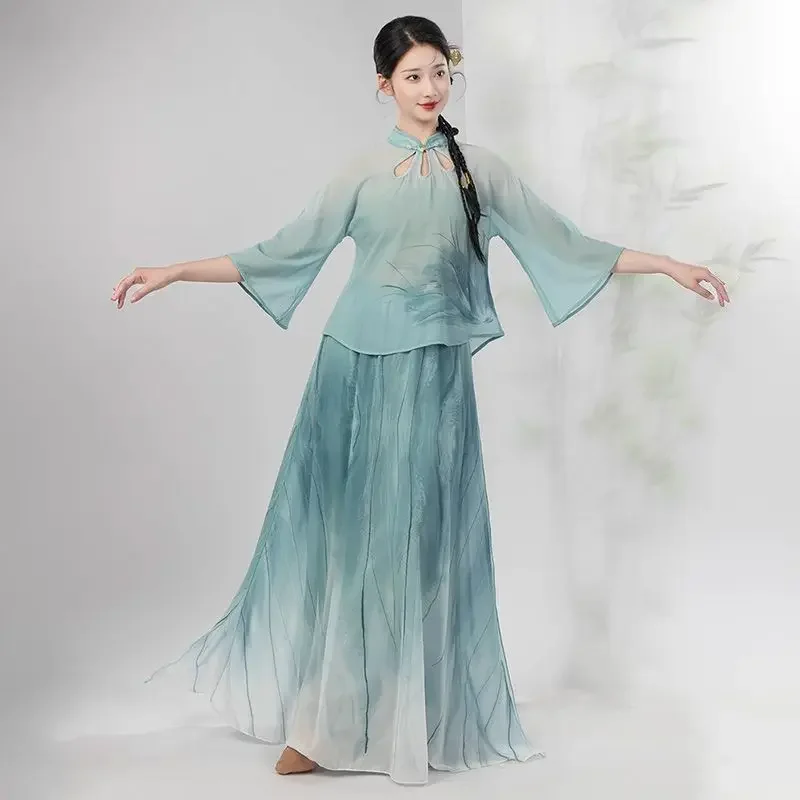 Chinese Dance Costume Stand Up Collar Mid Sleeve Top Cyan Culottes Modern Modified Hanfu Classical Dance Practice Clothing