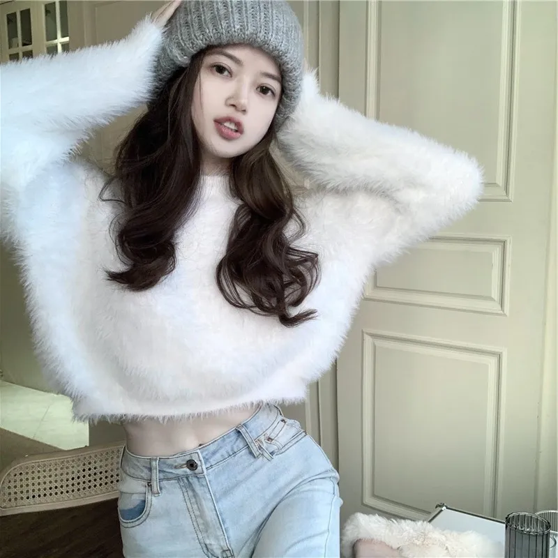 

Soft ort Sve Long Sve round Ne Knitted Sweater Women's Autumn Winter Warm Faux Mink Velvet Top Trendy Commute Sle