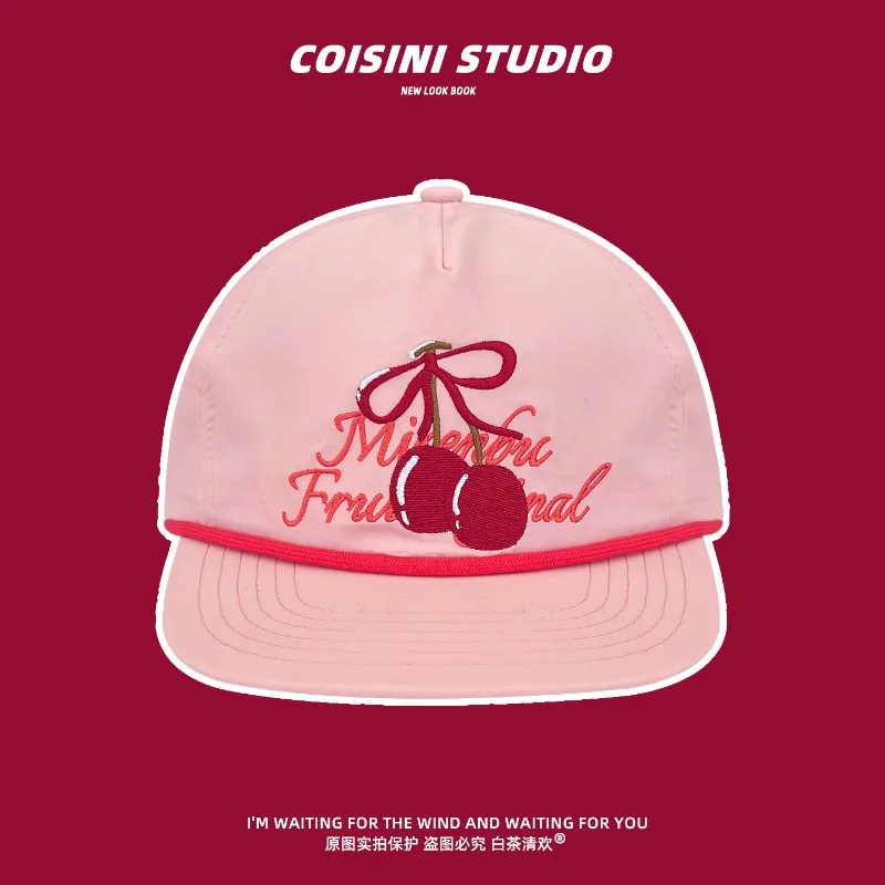 Korean Style Cherry Embroidery Women's Flat Brim Baseball Cap Summer Quick-drying Sunshade Adjustable Hip-hop Men's Hat Gorras
