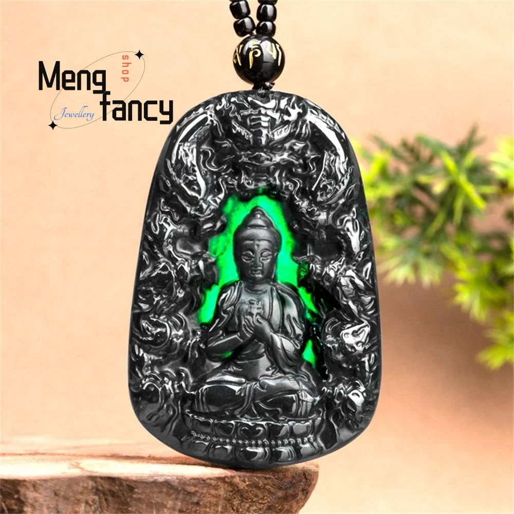 

Natural A-goods Jadeite Ink Jade Amitabha Buddha Nine Dragons Protector Jade Pendant Exquisite Luxury Quality Fashion Jewelry