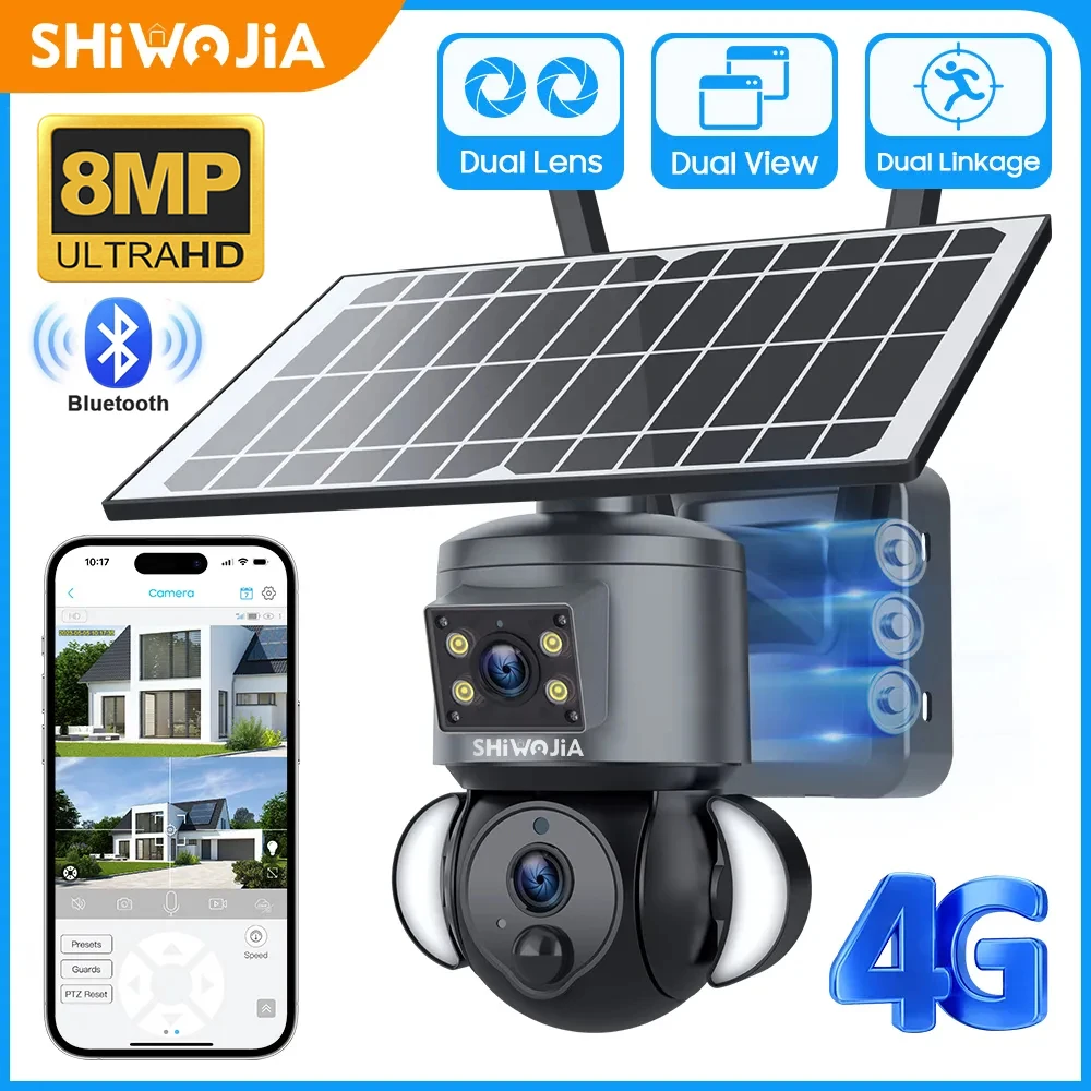 

SHIWOJIA 4K 8MP 4G SIM Solar Camera WIFI Outdoor Solar Security Camera Humanoid Tracking PIR Human Detection Surveillance