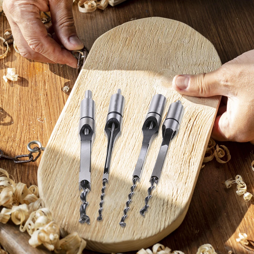 4PCS Square Hole Drill HSS Auger Mortising Chisel Drill Set Square Woodworking Drill Mortising Chisel Bits Power Tool Accessory