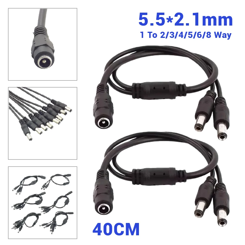 DC Power Splitter Cable 40CM 5.5x2.1mm 12V 1 To To 2 3 4 5 6 8 Way for LED Strips and CCTV Cameras