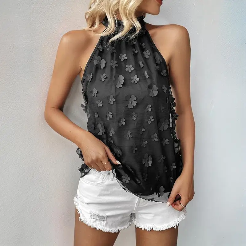 

Slimming Pure Color Halter Neck Sleeveless Top Women's Fashionable Versatile Neckline Adhesive Patch Design Polyester Shirt