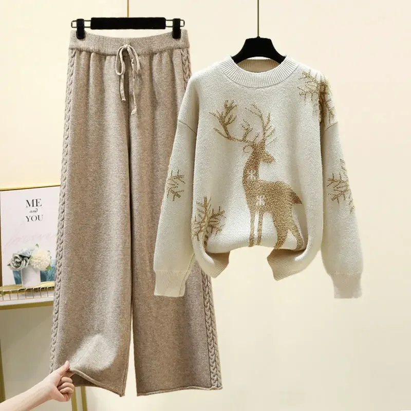 Set of Two Fashion Pieces for Women Long Sleeve Printing Pullover All-match Knitted High Waist Wide-leg Pants Women Knitted Suit