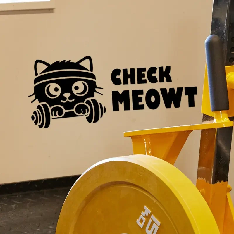 1pc 'CHECK MEOWT' Fitness Meow Wall Stickers: Cute Cats Holding Dumbbells Wearing Hairbands, a Trendy Accessory for Scavengers a
