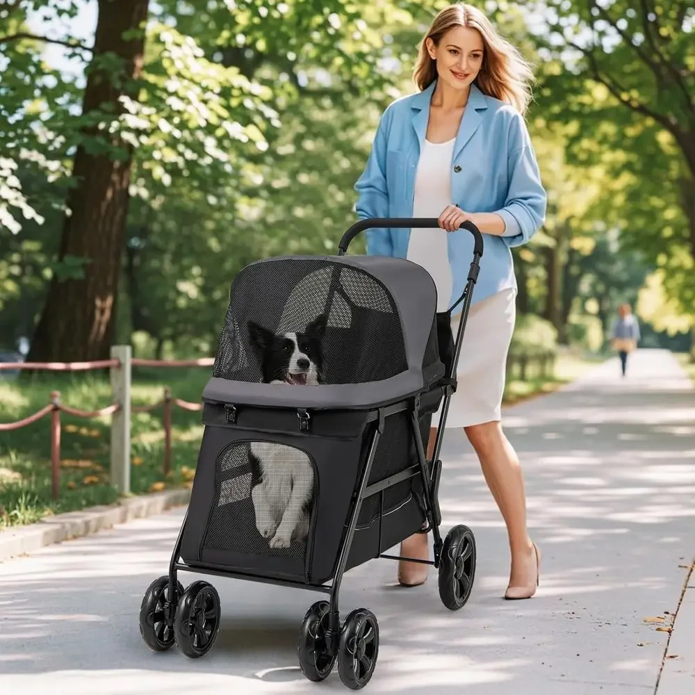 Low Entry Dog Stroller, Lockable & Shock-Absorbing Cat Stroller, Pet Travel Wagon for Small to Medium Senior Dogs, Black