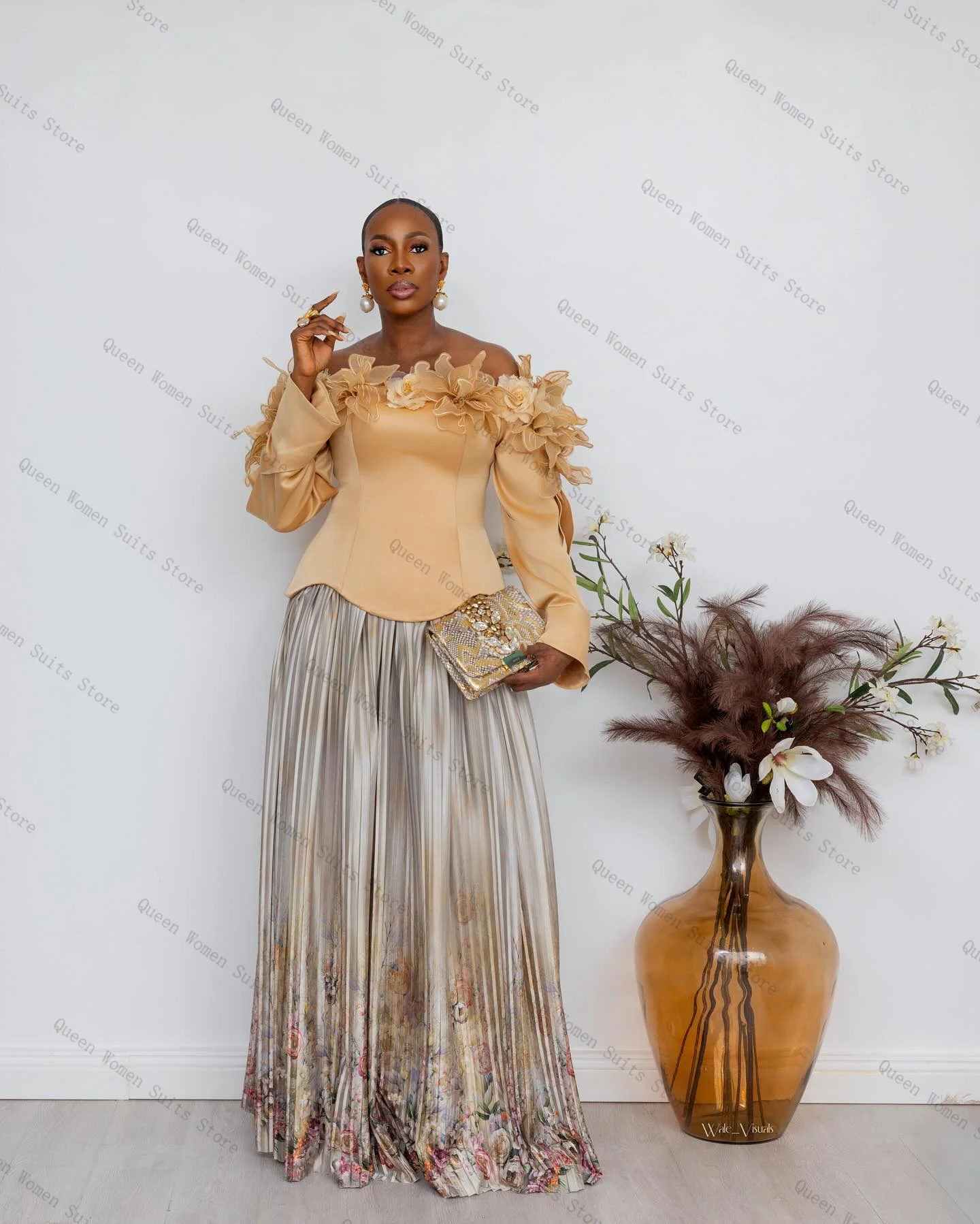 

Champagne Women Suit Set 2 Piece Blazer+Wide Leg Pants Trouser 3D Flower Formal Office Lady Jacket Wedding Bride Coat Customized