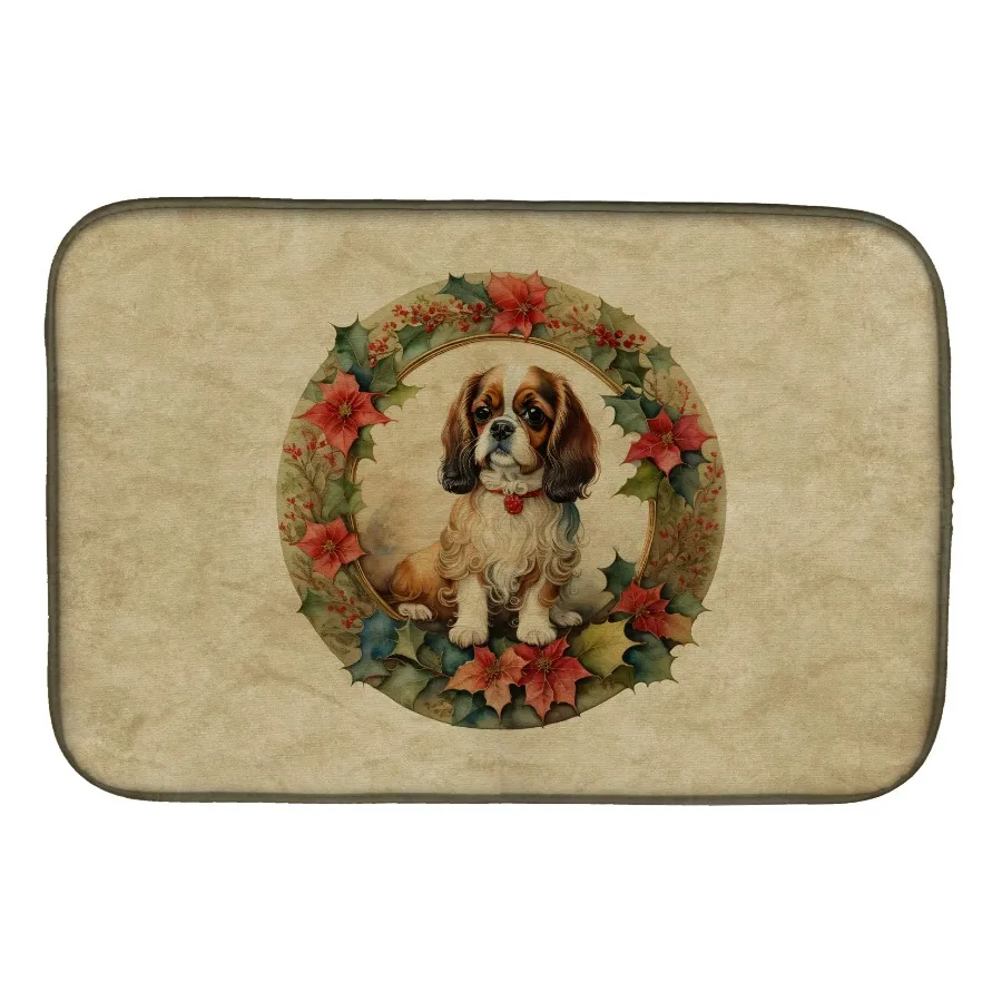 English Toy Spaniel Christmas Flowers Dish Drying Mat Absorbent Dish Drying Mat Pad for Kitchen Counter Dish Drainer Mat for Co