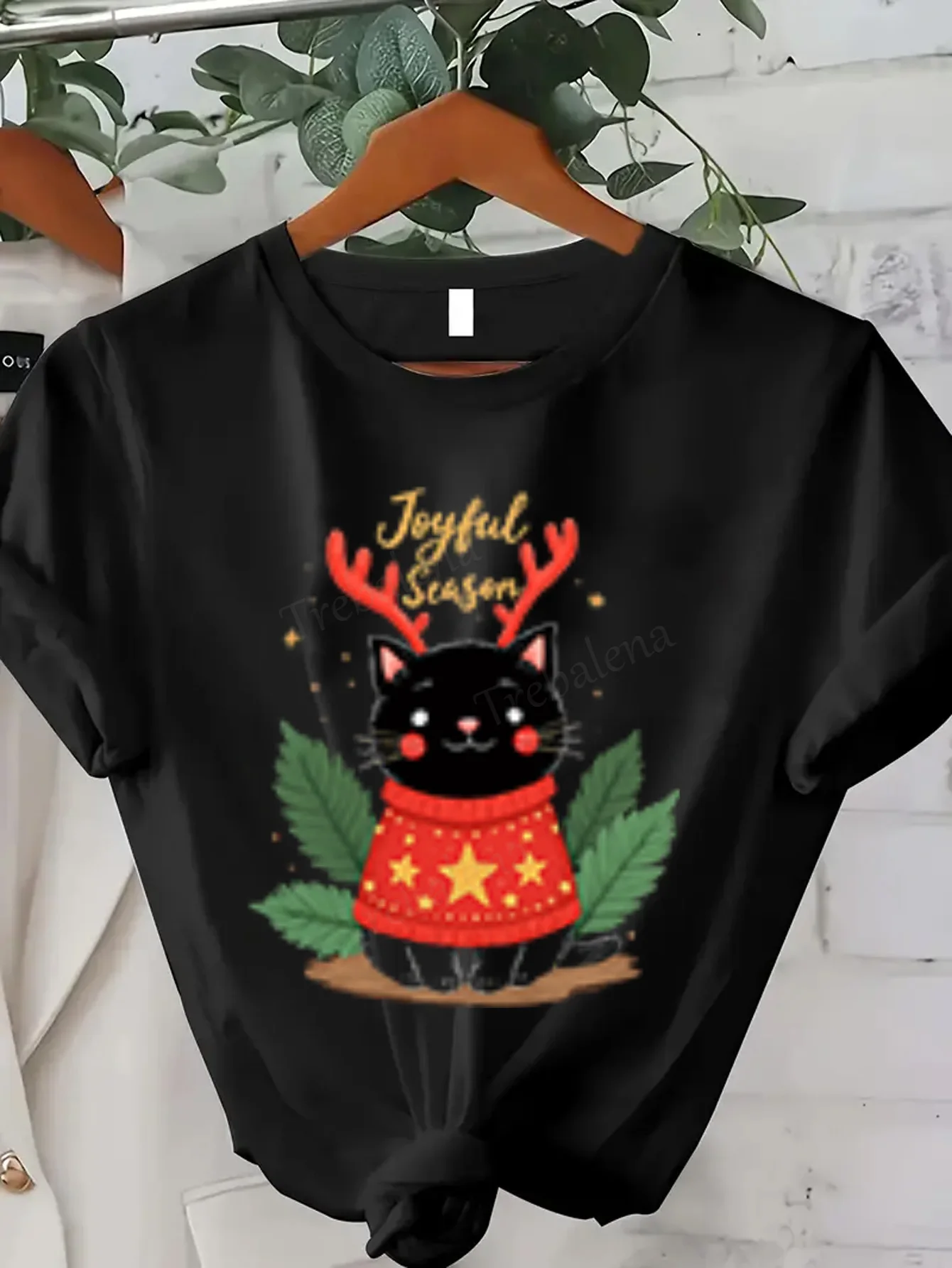 Women T-shirt Joyful Season Cat T-Shirt for Women, Festive Holiday Wear