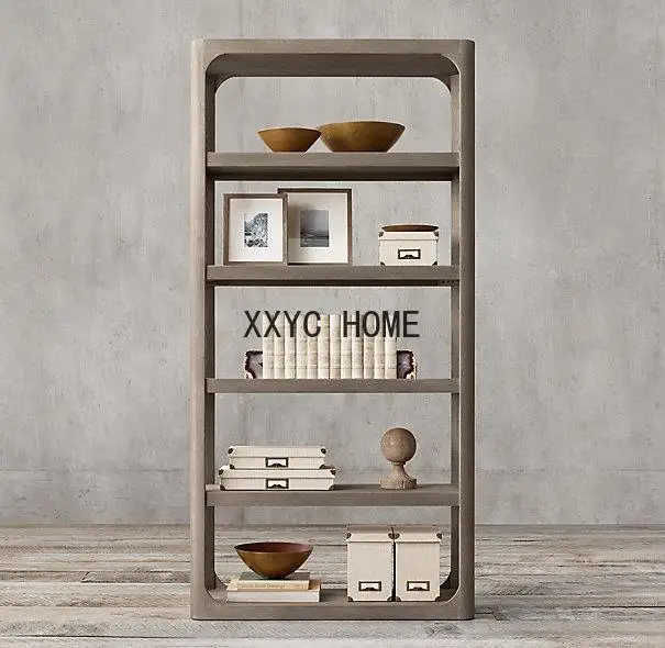 

American retro floor shelf bookshelf cabinet Nordic living room solid wood display