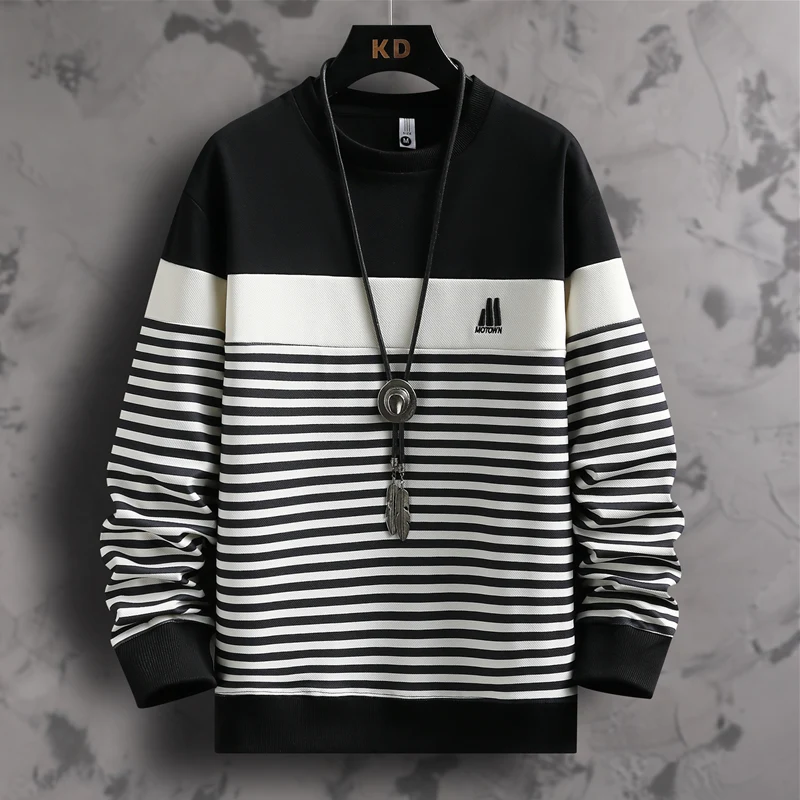 

Men's round Neck Sweatshirt Long Sleeve Casual Base Shirt Youth Fashionable Autumn Wear Striped Top Comfortable Polyester Fabric